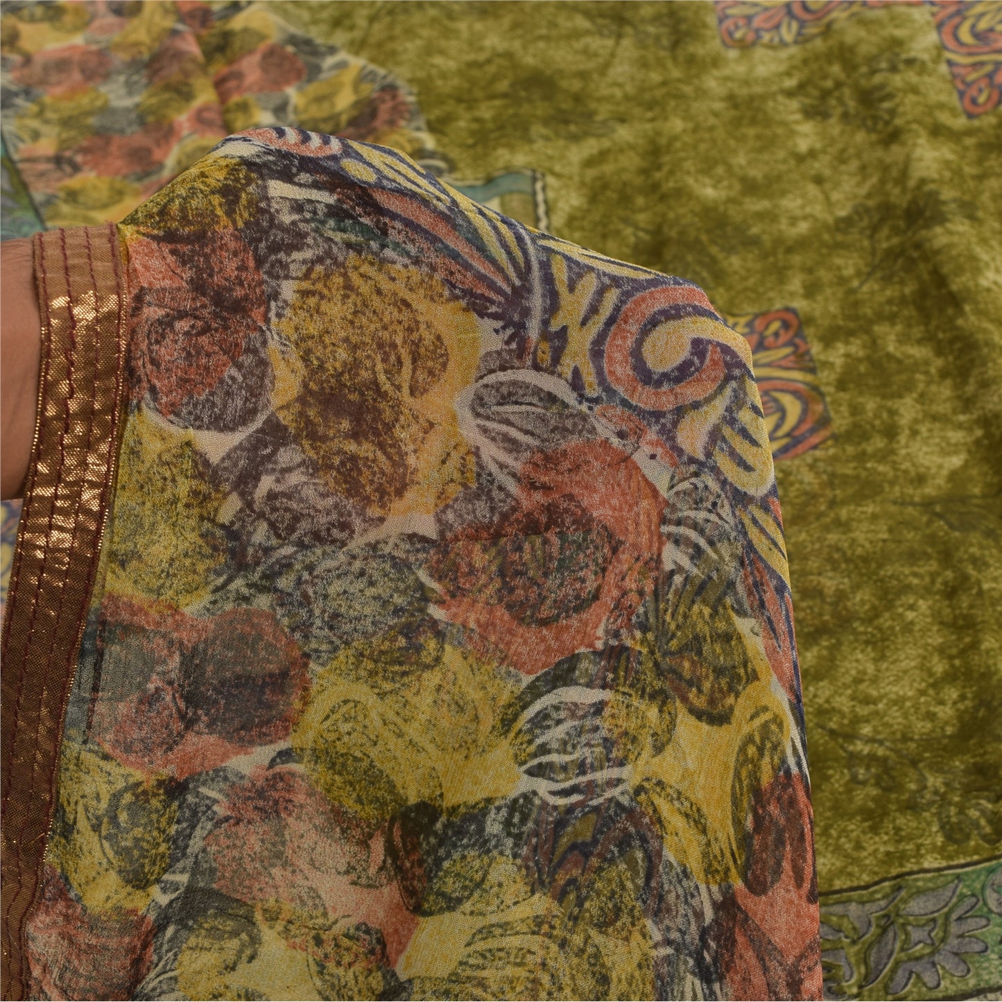 Sanskriti Vintage Sarees Green Pure Georgette Silk Printed Sari Craft Sustainable Fabric