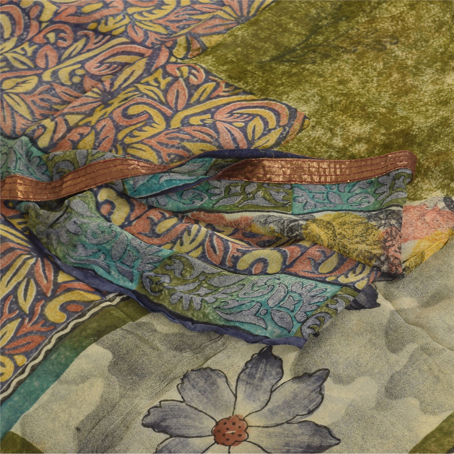 Sanskriti Vintage Sarees Green Pure Georgette Silk Printed Sari Craft Sustainable Fabric