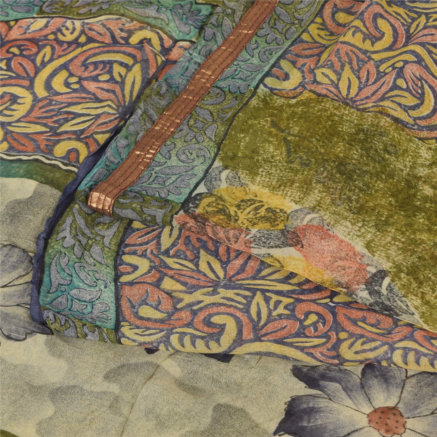 Sanskriti Vintage Sarees Green Pure Georgette Silk Printed Sari Craft Sustainable Fabric