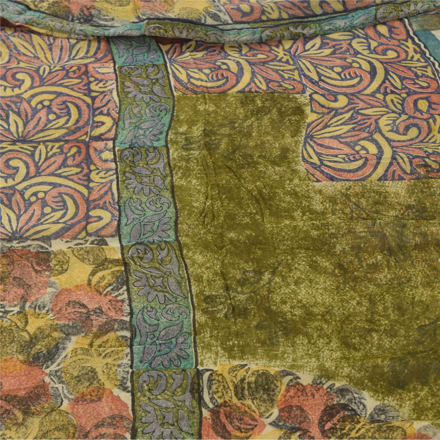 Sanskriti Vintage Sarees Green Pure Georgette Silk Printed Sari Craft Sustainable Fabric