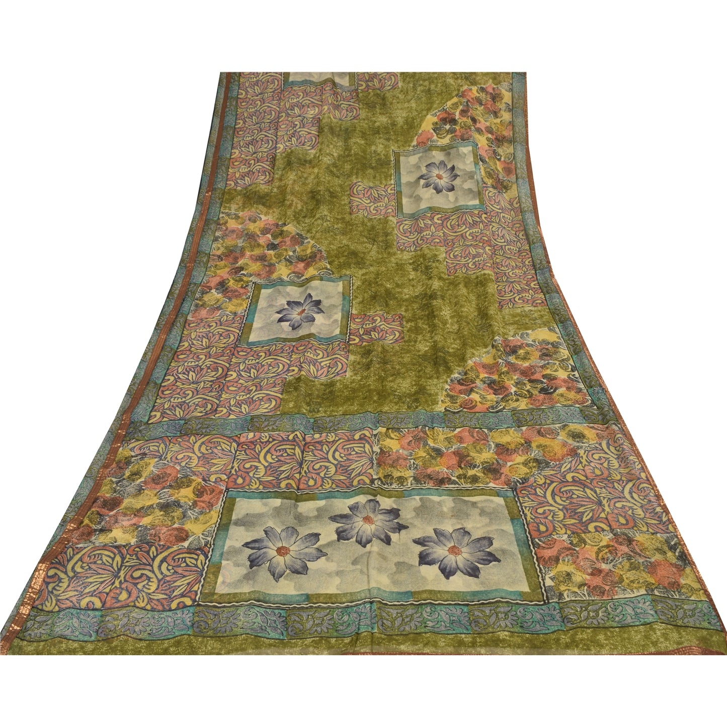 Sanskriti Vintage Sarees Green Pure Georgette Silk Printed Sari Craft Sustainable Fabric