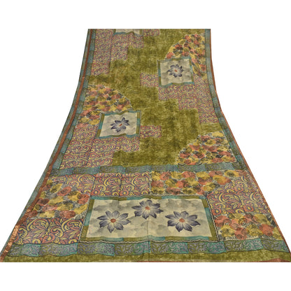 Sanskriti Vintage Sarees Green Pure Georgette Silk Printed Sari Craft Sustainable Fabric