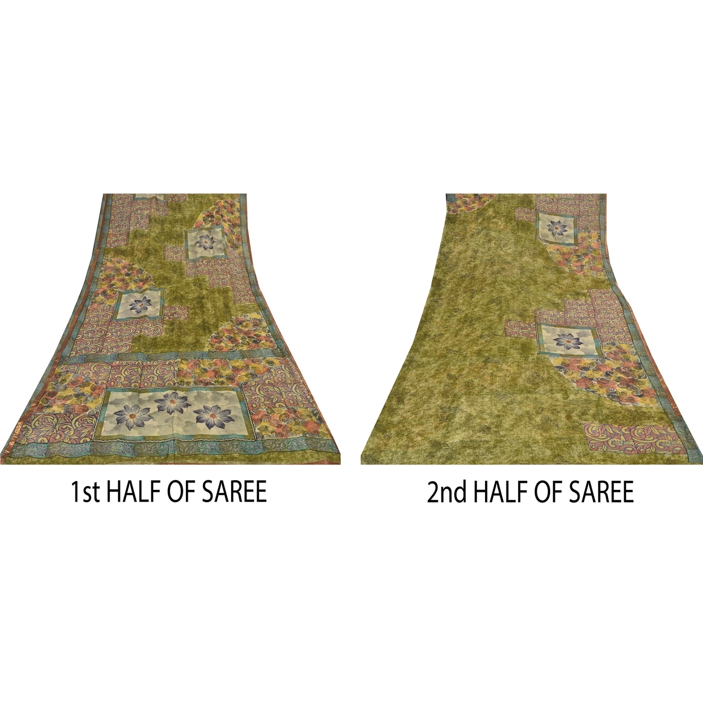 Sanskriti Vintage Sarees Green Pure Georgette Silk Printed Sari Craft Sustainable Fabric