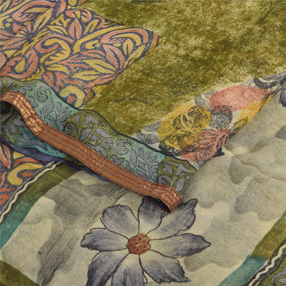 Sanskriti Vintage Sarees Green Pure Georgette Silk Printed Sari Craft Sustainable Fabric