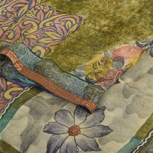 Sanskriti Vintage Sarees Green Pure Georgette Silk Printed Sari Craft Sustainable Fabric