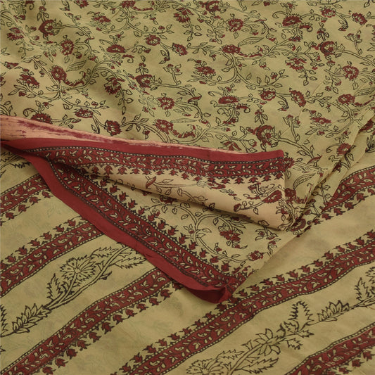 Sanskriti Vintage Sarees Beige 100%Pure Georgette Silk Printed Sari Craft Sustainable Fabric