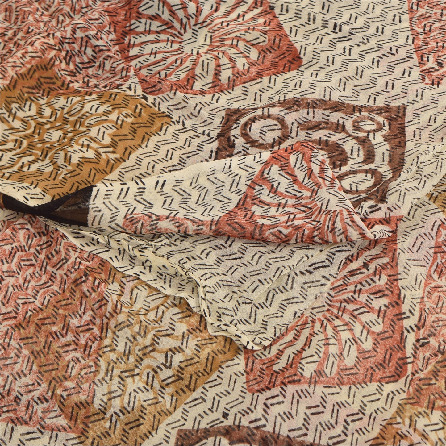 Sanskriti Vintage Sarees Ivory 100%Pure Georgette Silk Printed Sari Craft Sustainable Fabric