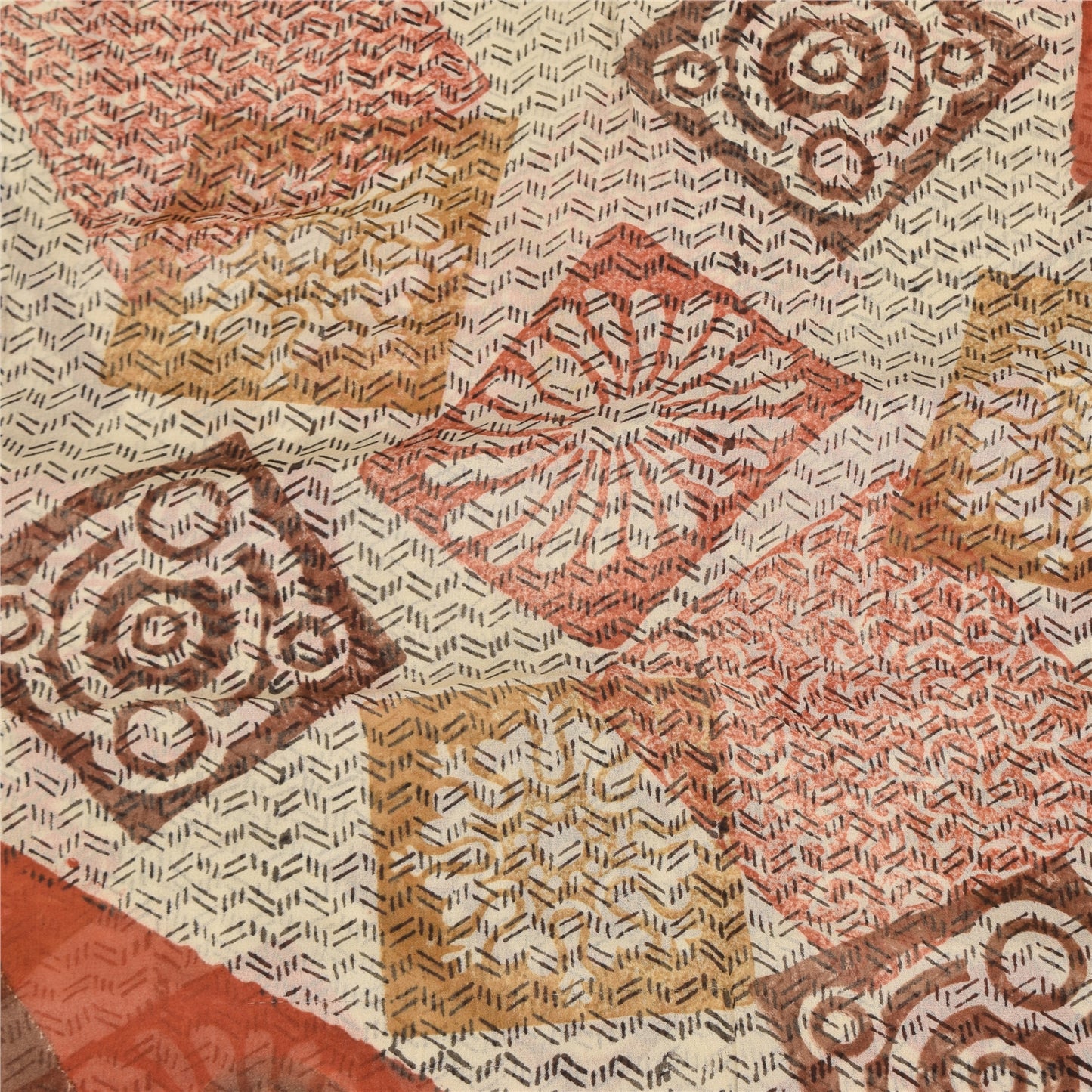 Sanskriti Vintage Sarees Ivory 100%Pure Georgette Silk Printed Sari Craft Sustainable Fabric