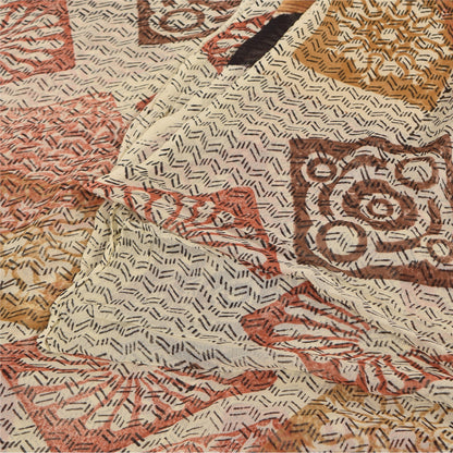 Sanskriti Vintage Sarees Ivory 100%Pure Georgette Silk Printed Sari Craft Sustainable Fabric