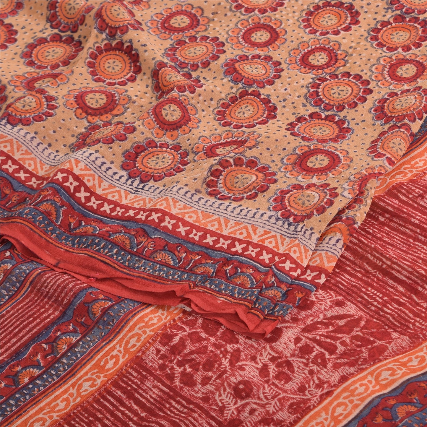 Sanskriti Vintage Sarees Peach/Red Pure Georgette Printed Sari 5yd Craft Sustainable Fabric