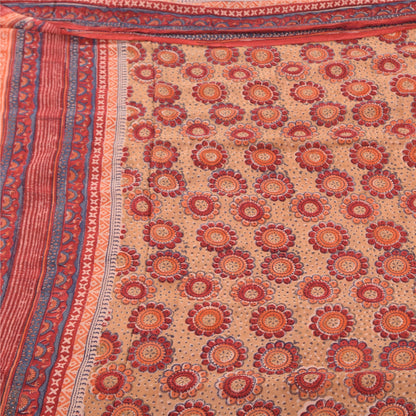 Sanskriti Vintage Sarees Peach/Red Pure Georgette Printed Sari 5yd Craft Sustainable Fabric