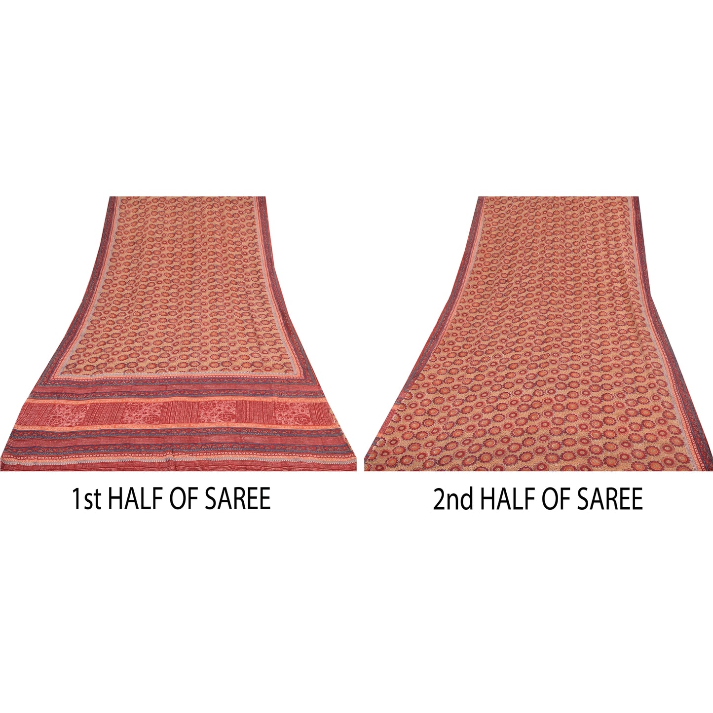 Sanskriti Vintage Sarees Peach/Red Pure Georgette Printed Sari 5yd Craft Sustainable Fabric