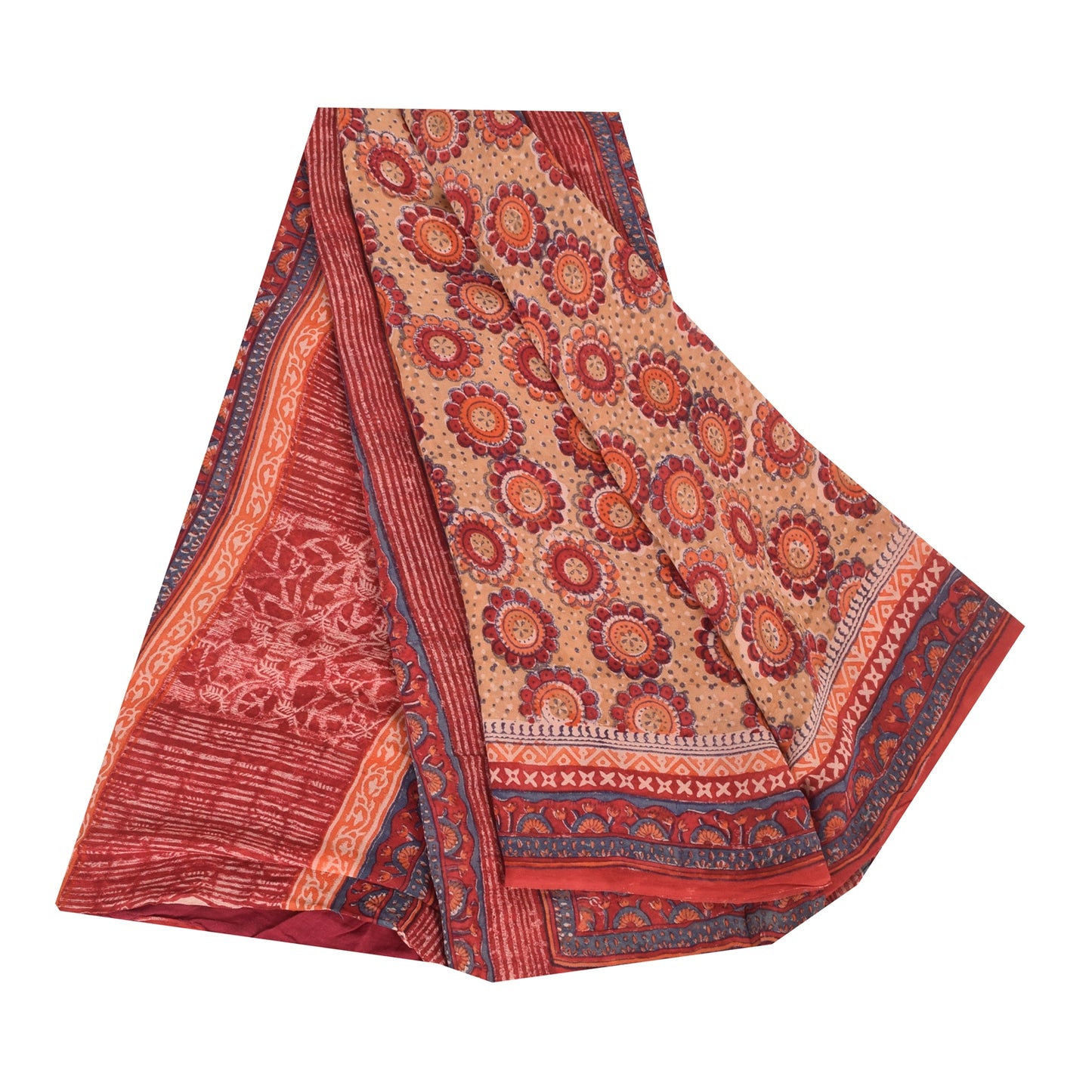 Sanskriti Vintage Sarees Peach/Red Pure Georgette Printed Sari 5yd Craft Sustainable Fabric