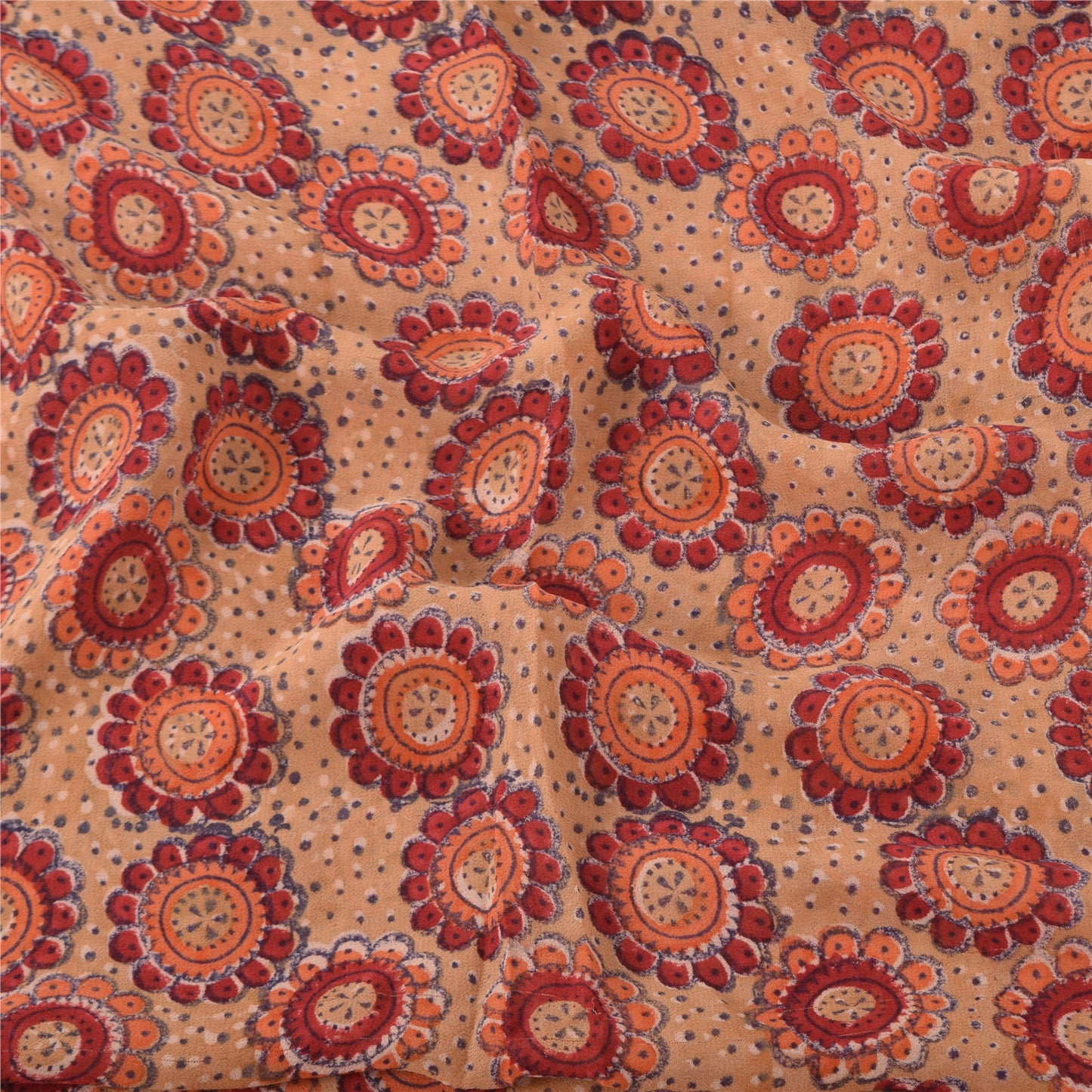 Sanskriti Vintage Sarees Peach/Red Pure Georgette Printed Sari 5yd Craft Sustainable Fabric