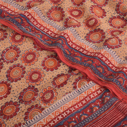 Sanskriti Vintage Sarees Peach/Red Pure Georgette Printed Sari 5yd Craft Sustainable Fabric