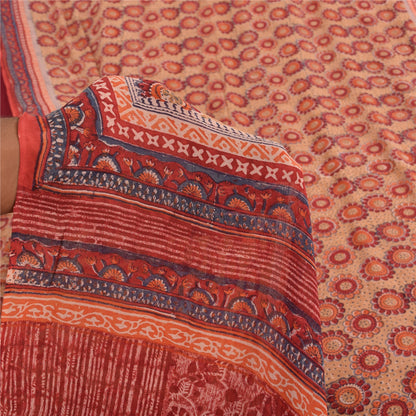 Sanskriti Vintage Sarees Peach/Red Pure Georgette Printed Sari 5yd Craft Sustainable Fabric