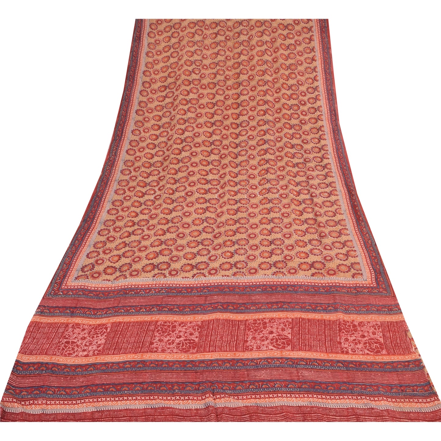 Sanskriti Vintage Sarees Peach/Red Pure Georgette Printed Sari 5yd Craft Sustainable Fabric