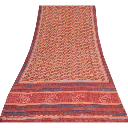 Sanskriti Vintage Sarees Peach/Red Pure Georgette Printed Sari 5yd Craft Sustainable Fabric