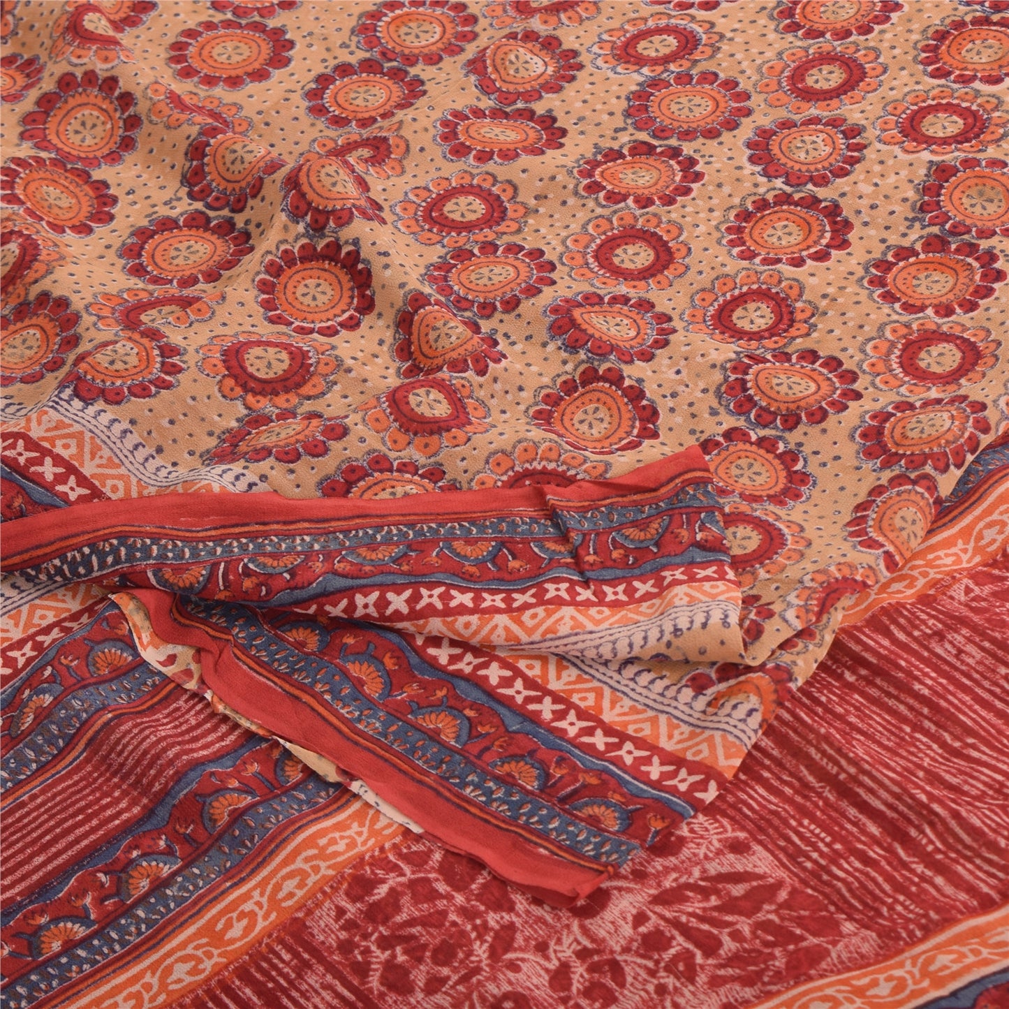Sanskriti Vintage Sarees Peach/Red Pure Georgette Printed Sari 5yd Craft Sustainable Fabric