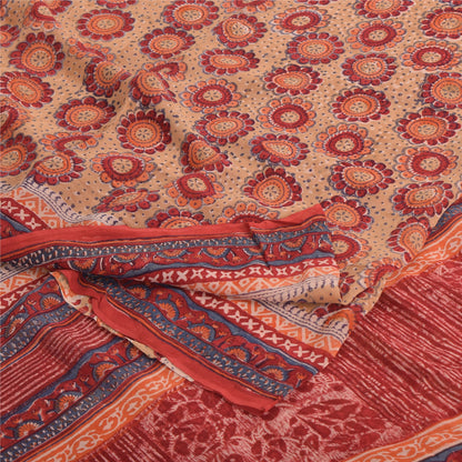 Sanskriti Vintage Sarees Peach/Red Pure Georgette Printed Sari 5yd Craft Sustainable Fabric