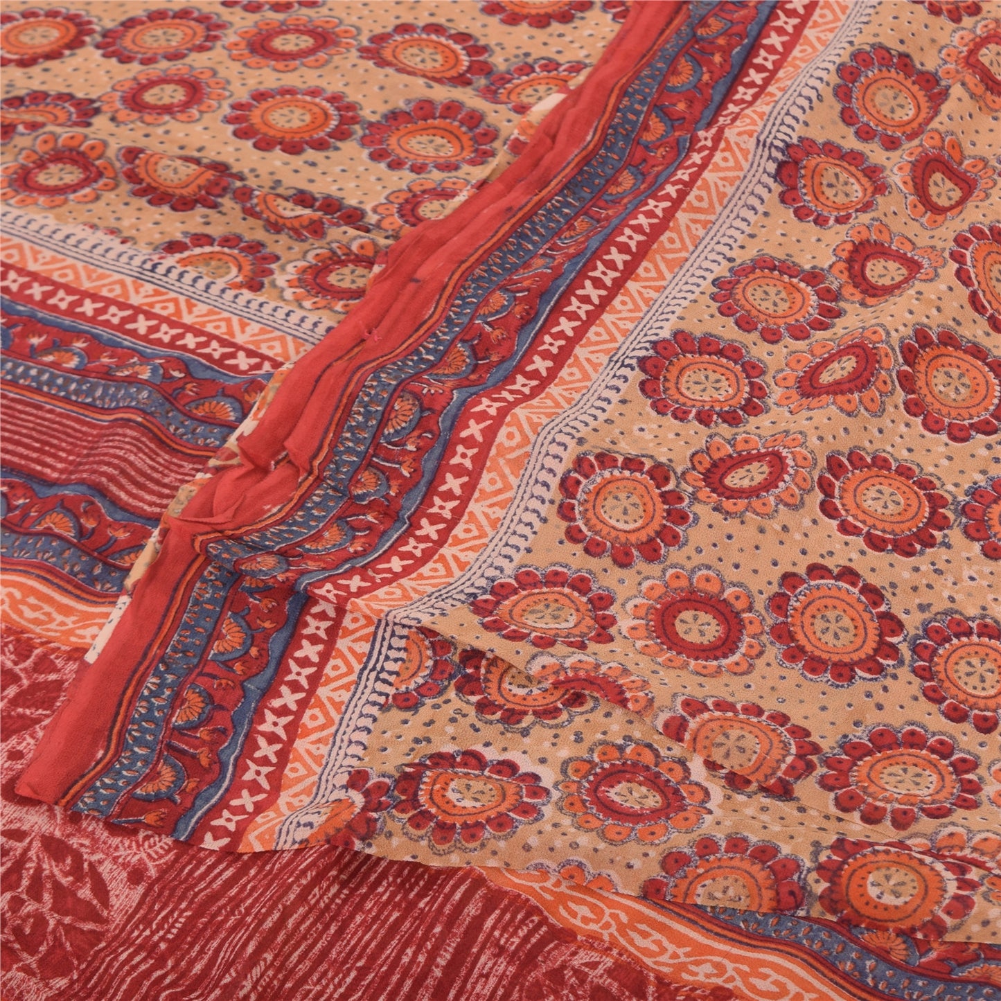 Sanskriti Vintage Sarees Peach/Red Pure Georgette Printed Sari 5yd Craft Sustainable Fabric