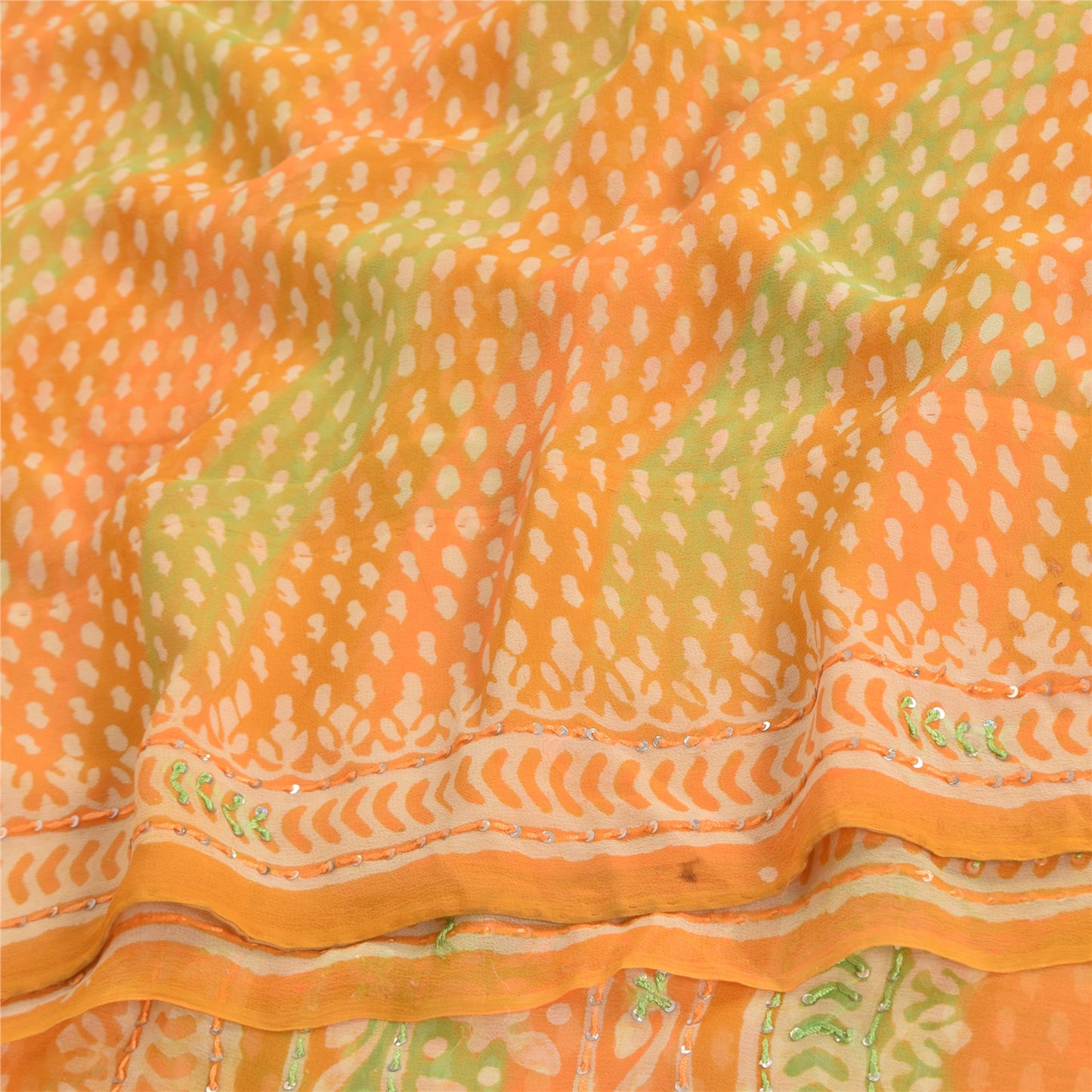 Sanskriti Vintage Sarees Green/Orange EmbroideryPure Georgette Print Sari Sustainable Fabric