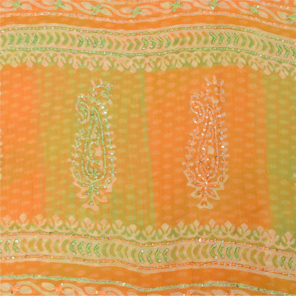 Sanskriti Vintage Sarees Green/Orange EmbroideryPure Georgette Print Sari Sustainable Fabric