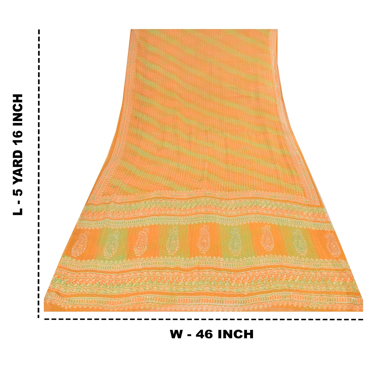 Sanskriti Vintage Sarees Green/Orange EmbroideryPure Georgette Print Sari Sustainable Fabric