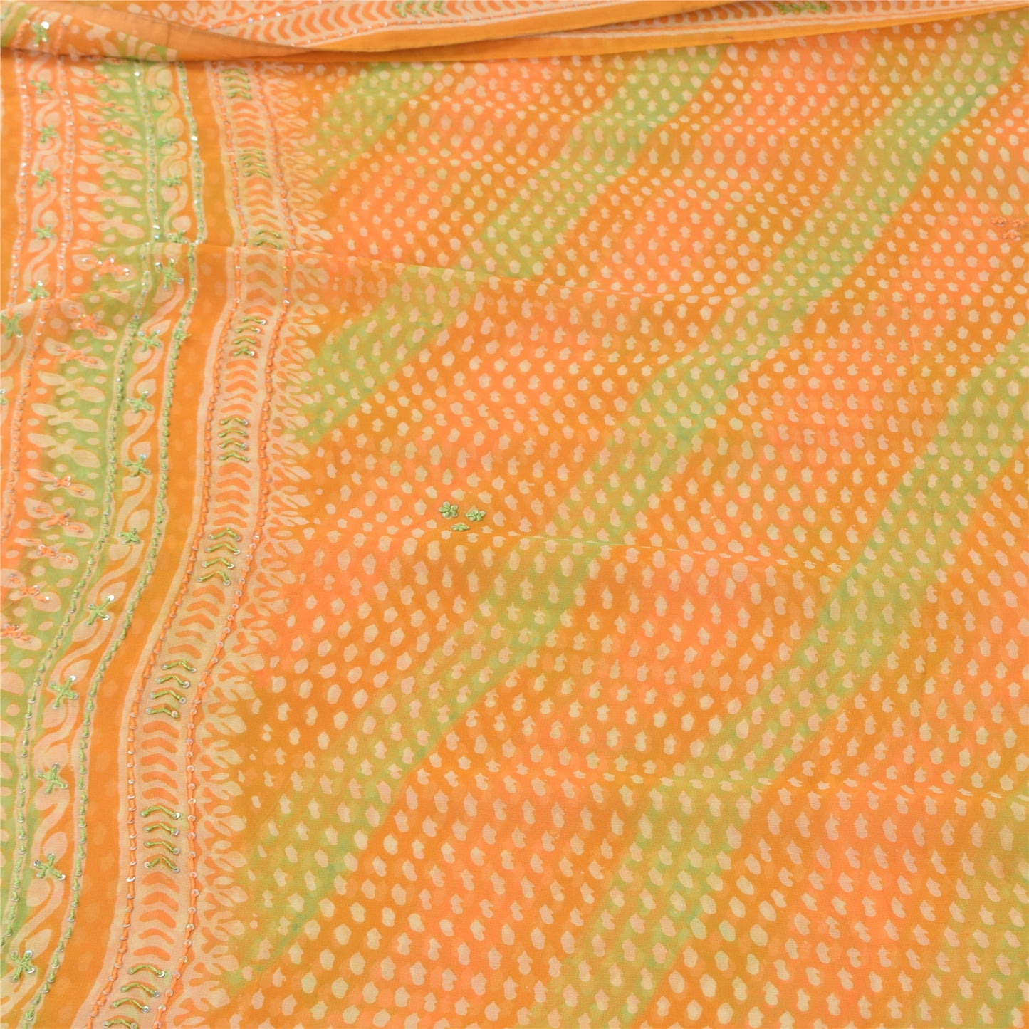 Sanskriti Vintage Sarees Green/Orange EmbroideryPure Georgette Print Sari Sustainable Fabric