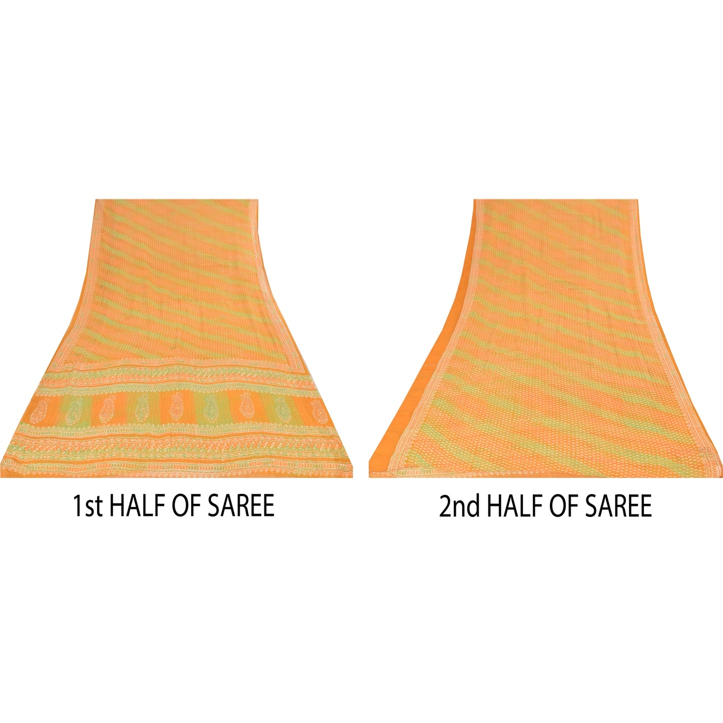 Sanskriti Vintage Sarees Green/Orange EmbroideryPure Georgette Print Sari Sustainable Fabric