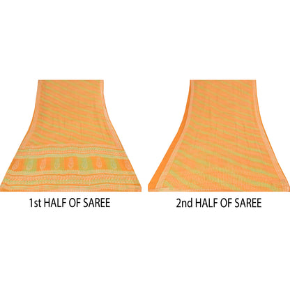 Sanskriti Vintage Sarees Green/Orange EmbroideryPure Georgette Print Sari Sustainable Fabric