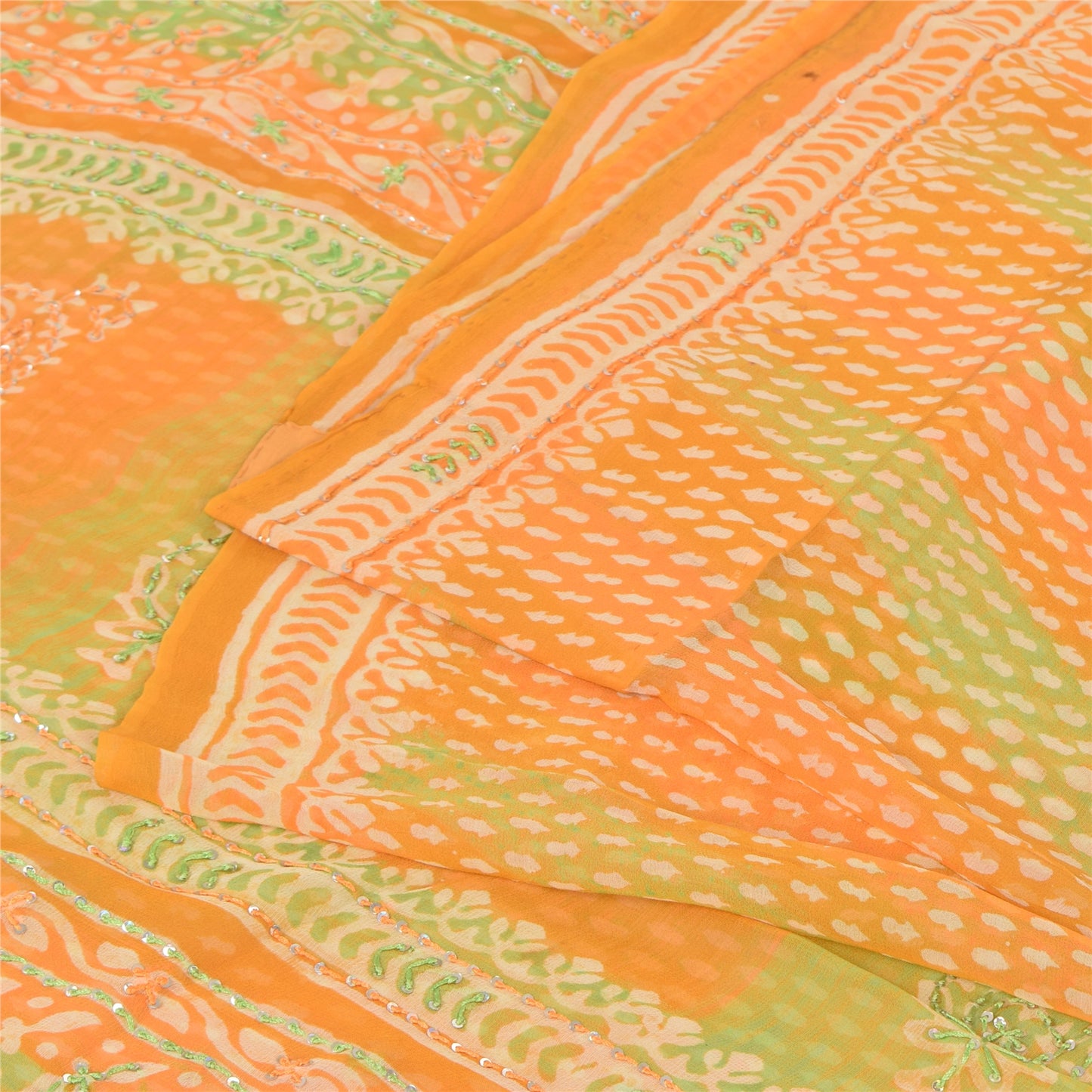 Sanskriti Vintage Sarees Green/Orange EmbroideryPure Georgette Print Sari Sustainable Fabric