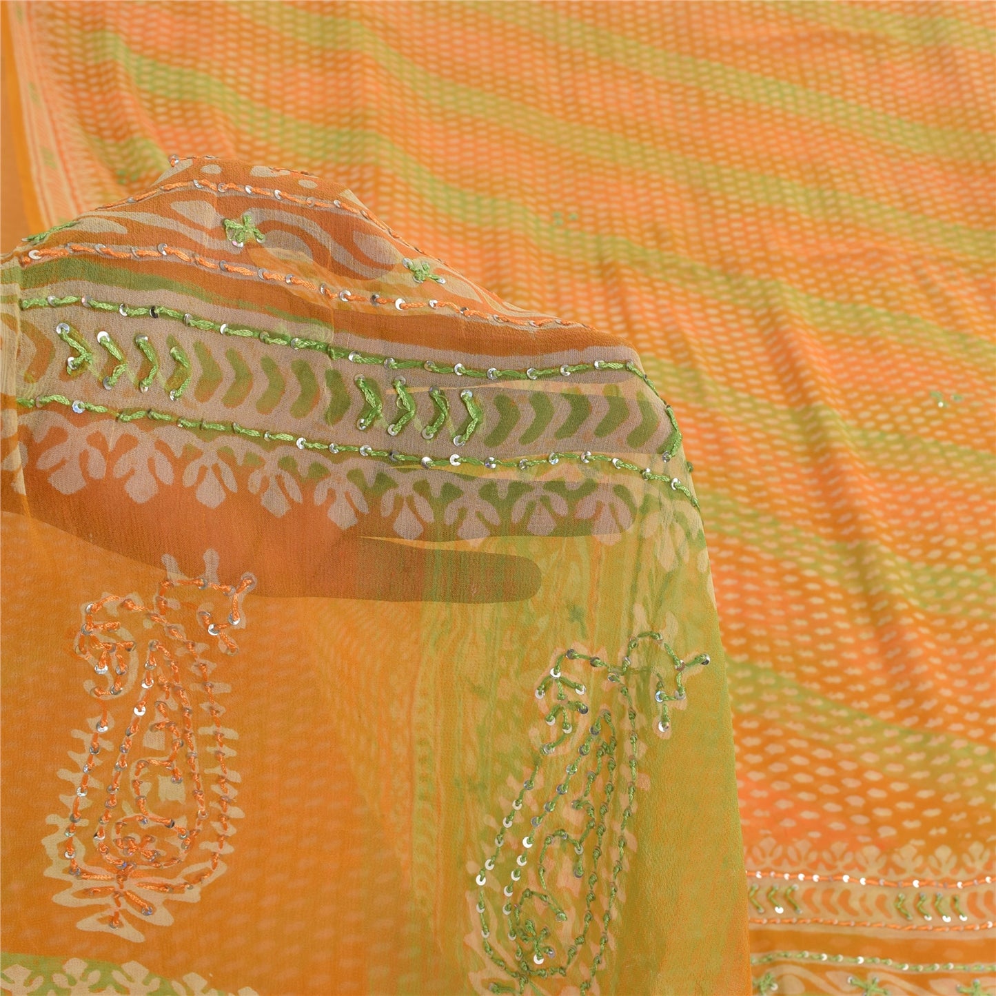Sanskriti Vintage Sarees Green/Orange EmbroideryPure Georgette Print Sari Sustainable Fabric