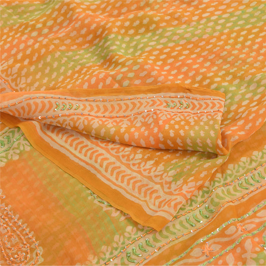 Sanskriti Vintage Sarees Green/Orange EmbroideryPure Georgette Print Sari Sustainable Fabric