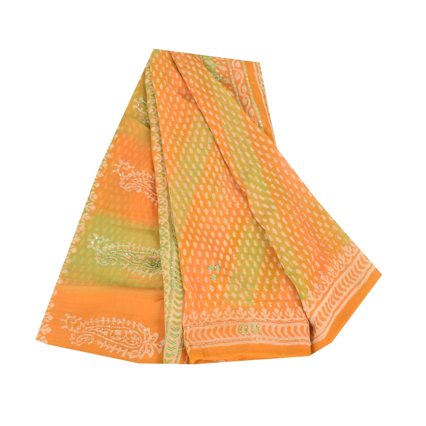 Sanskriti Vintage Sarees Green/Orange EmbroideryPure Georgette Print Sari Sustainable Fabric