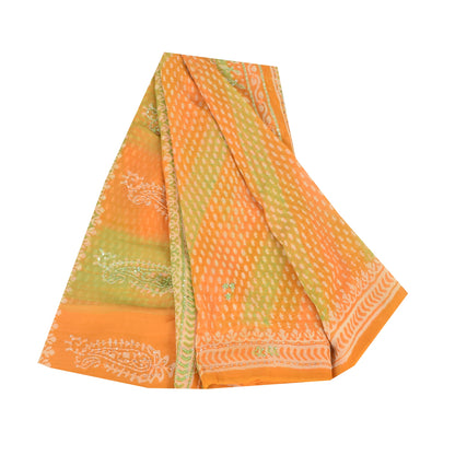 Sanskriti Vintage Sarees Green/Orange EmbroideryPure Georgette Print Sari Sustainable Fabric