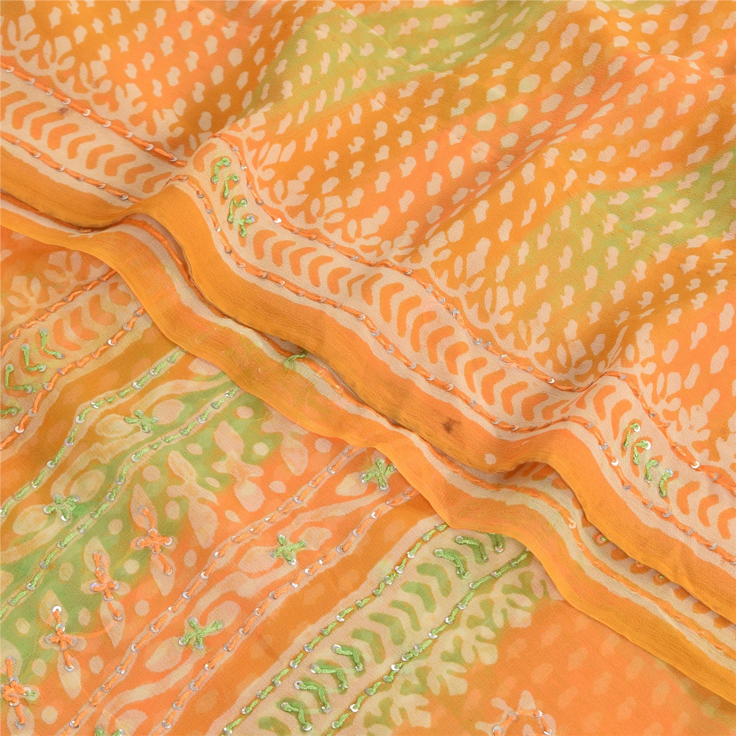 Sanskriti Vintage Sarees Green/Orange EmbroideryPure Georgette Print Sari Sustainable Fabric