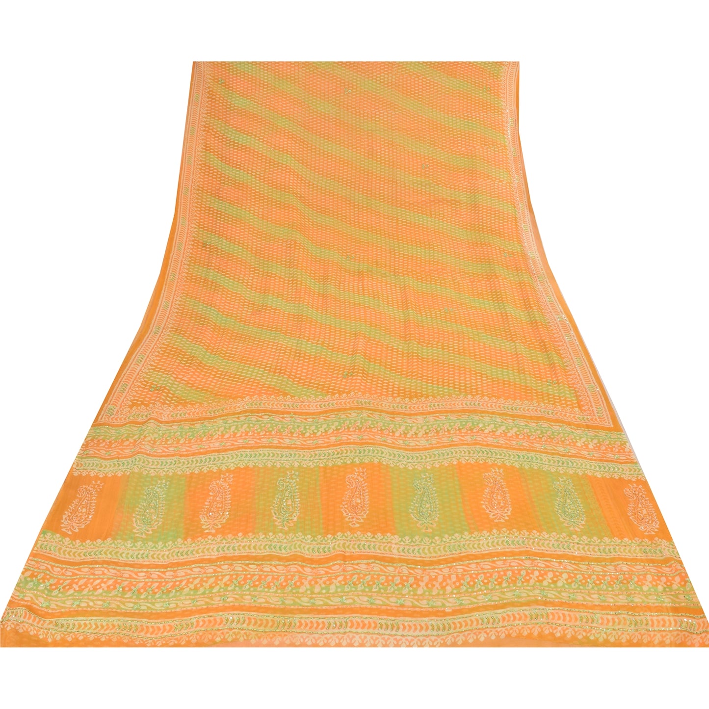 Sanskriti Vintage Sarees Green/Orange EmbroideryPure Georgette Print Sari Sustainable Fabric
