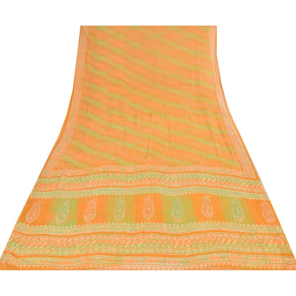 Sanskriti Vintage Sarees Green/Orange EmbroideryPure Georgette Print Sari Sustainable Fabric