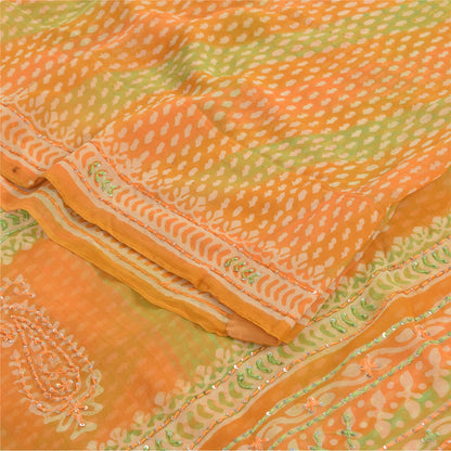 Sanskriti Vintage Sarees Green/Orange EmbroideryPure Georgette Print Sari Sustainable Fabric