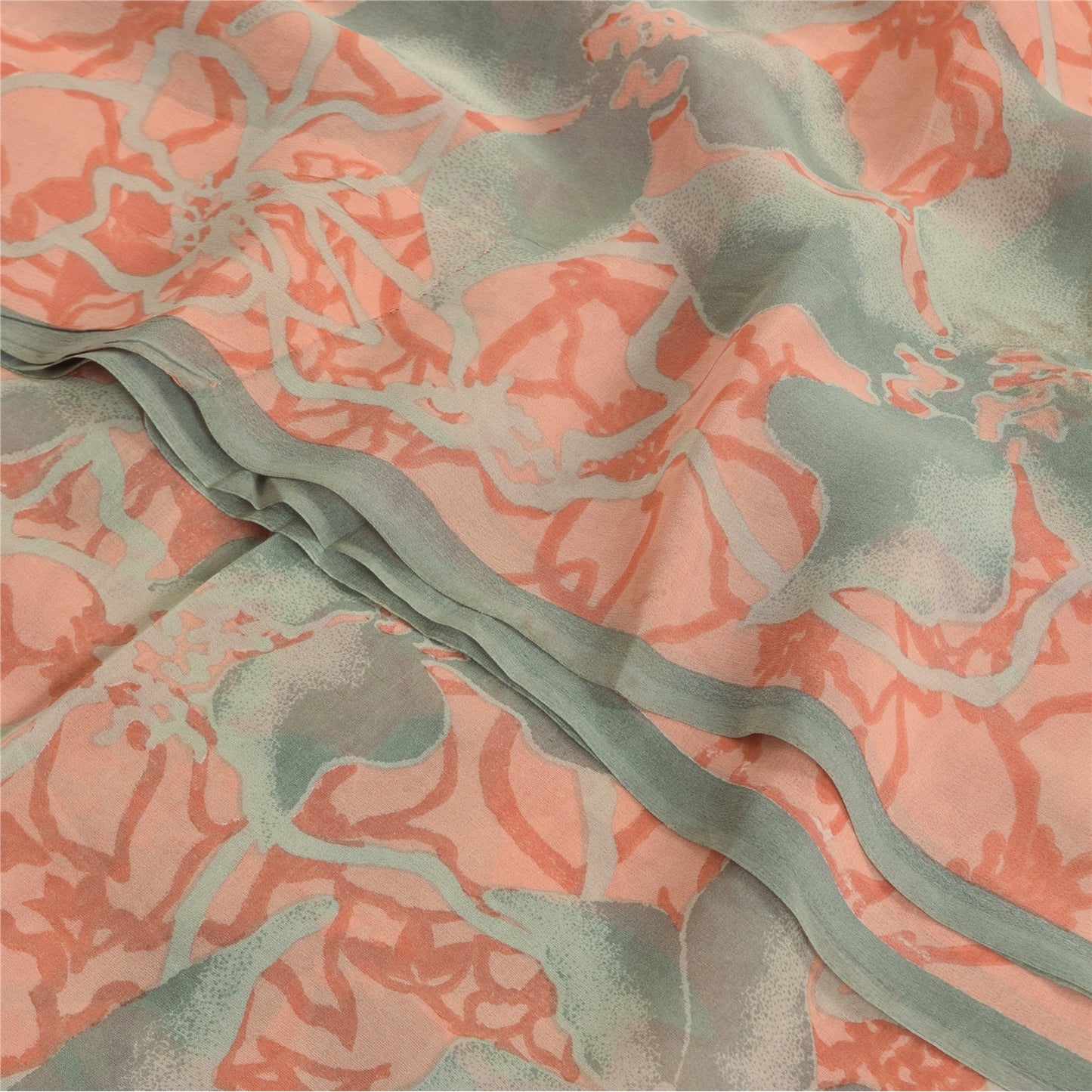 Sanskriti Vintage Sarees Peach Pure Georgette Silk Printed Sari 5yd Craft Sustainable Fabric