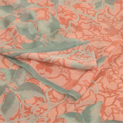 Sanskriti Vintage Sarees Peach Pure Georgette Silk Printed Sari 5yd Craft Sustainable Fabric