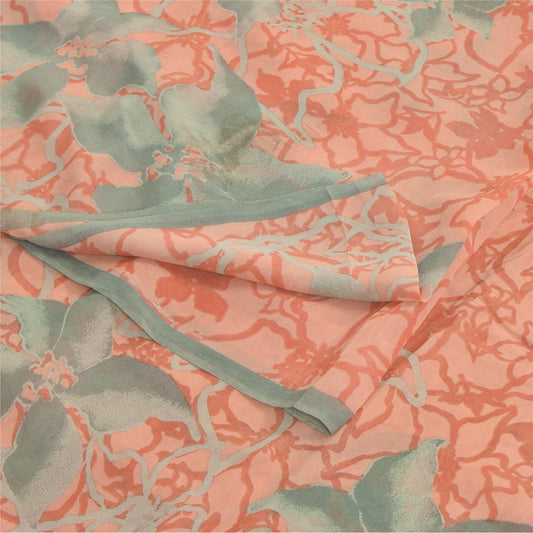 Sanskriti Vintage Sarees Peach Pure Georgette Silk Printed Sari 5yd Craft Sustainable Fabric