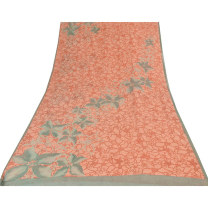 Sanskriti Vintage Sarees Peach Pure Georgette Silk Printed Sari 5yd Craft Sustainable Fabric