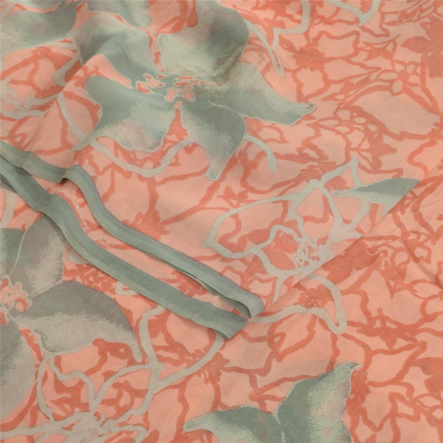 Sanskriti Vintage Sarees Peach Pure Georgette Silk Printed Sari 5yd Craft Sustainable Fabric