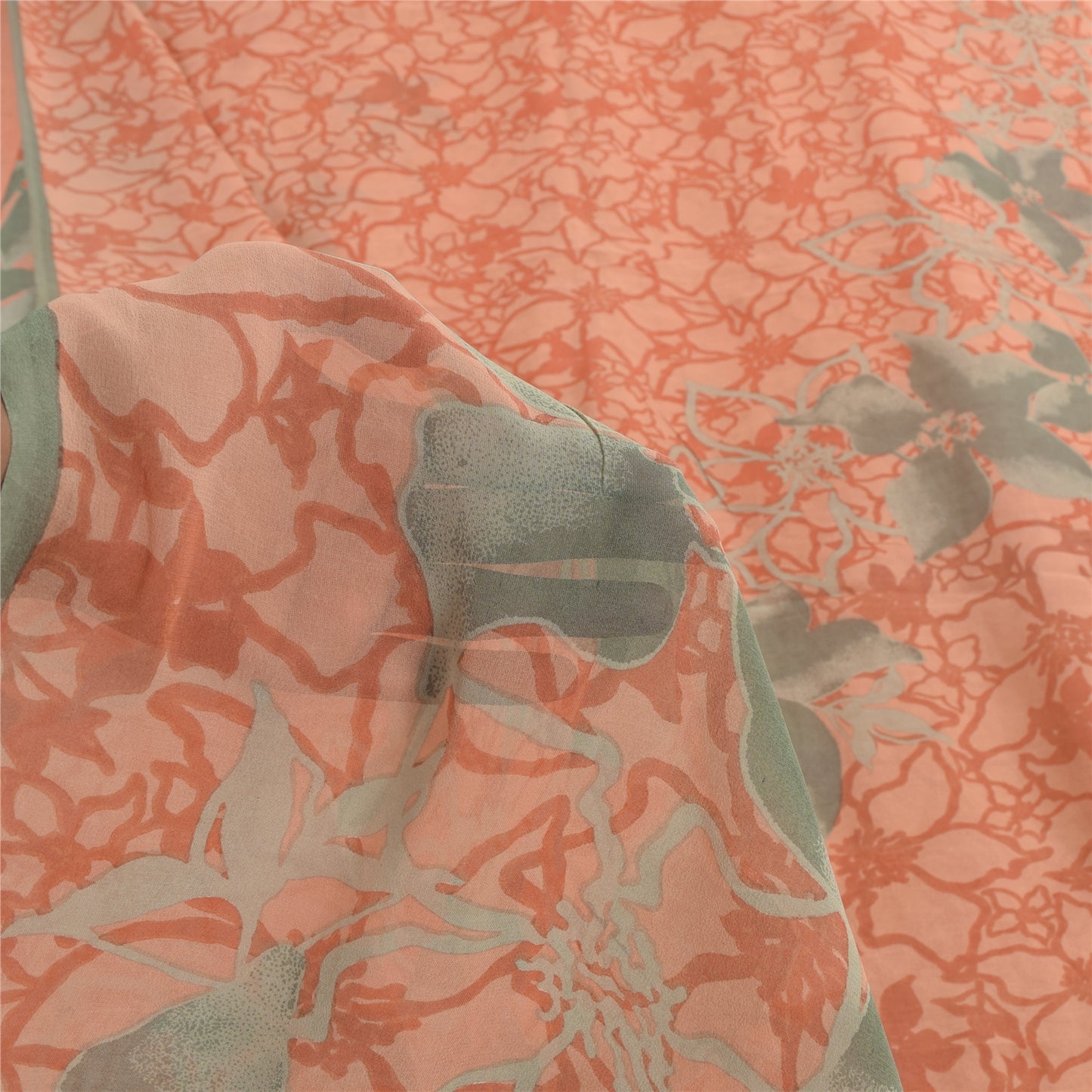 Sanskriti Vintage Sarees Peach Pure Georgette Silk Printed Sari 5yd Craft Sustainable Fabric