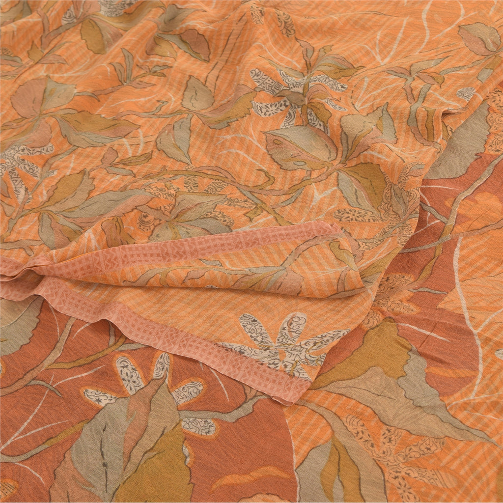 Sanskriti Vintage Sarees Orange Pure Georgette Silk Printed Sari Craft Sustainable Fabric
