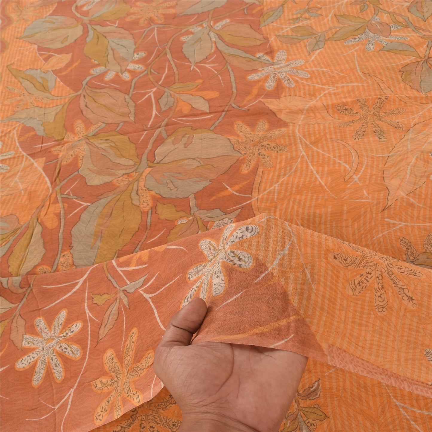Sanskriti Vintage Sarees Orange Pure Georgette Silk Printed Sari Craft Sustainable Fabric