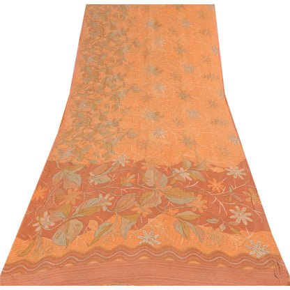 Sanskriti Vintage Sarees Orange Pure Georgette Silk Printed Sari Craft Sustainable Fabric