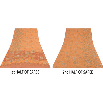 Sanskriti Vintage Sarees Orange Pure Georgette Silk Printed Sari Craft Sustainable Fabric